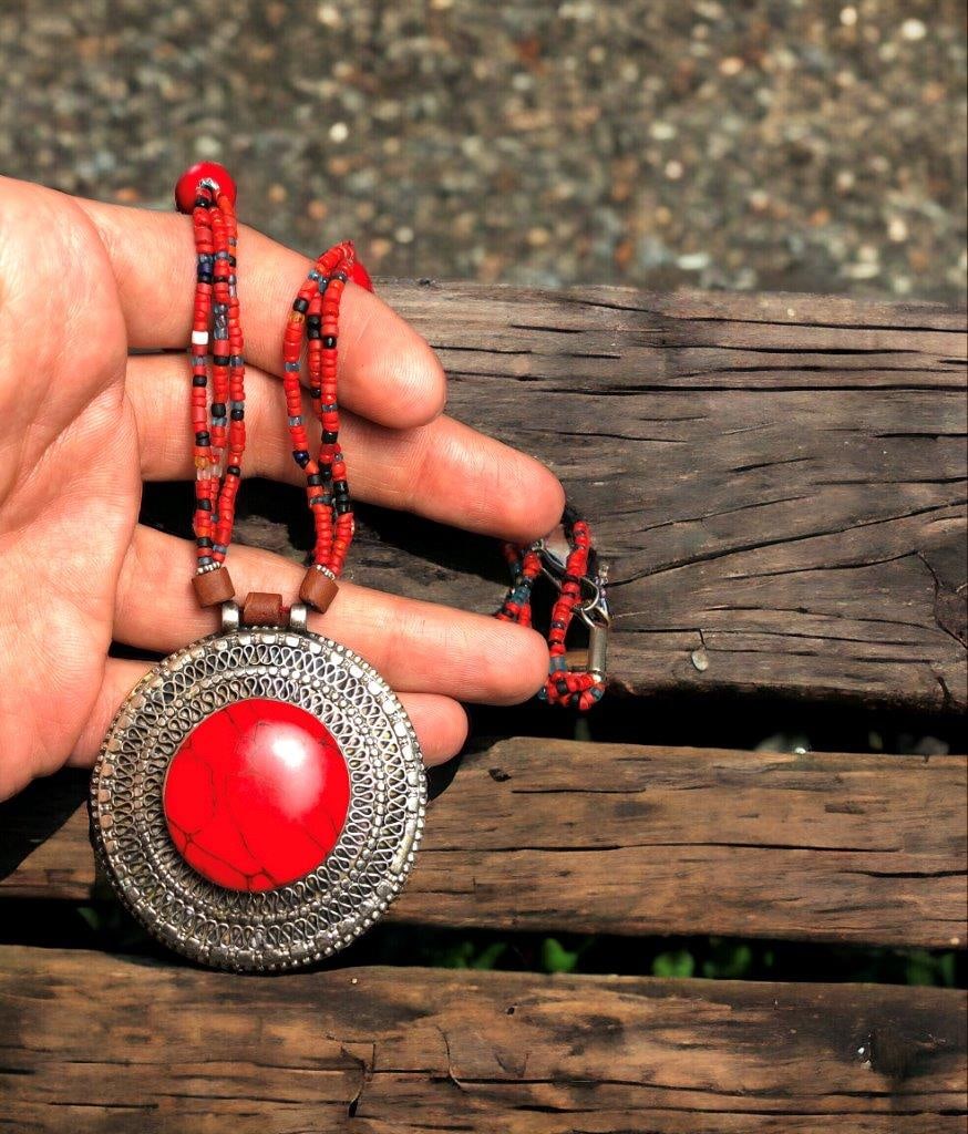 Handmade necklace with brass agate pendant, Red beaded Necklace (1 of 2)