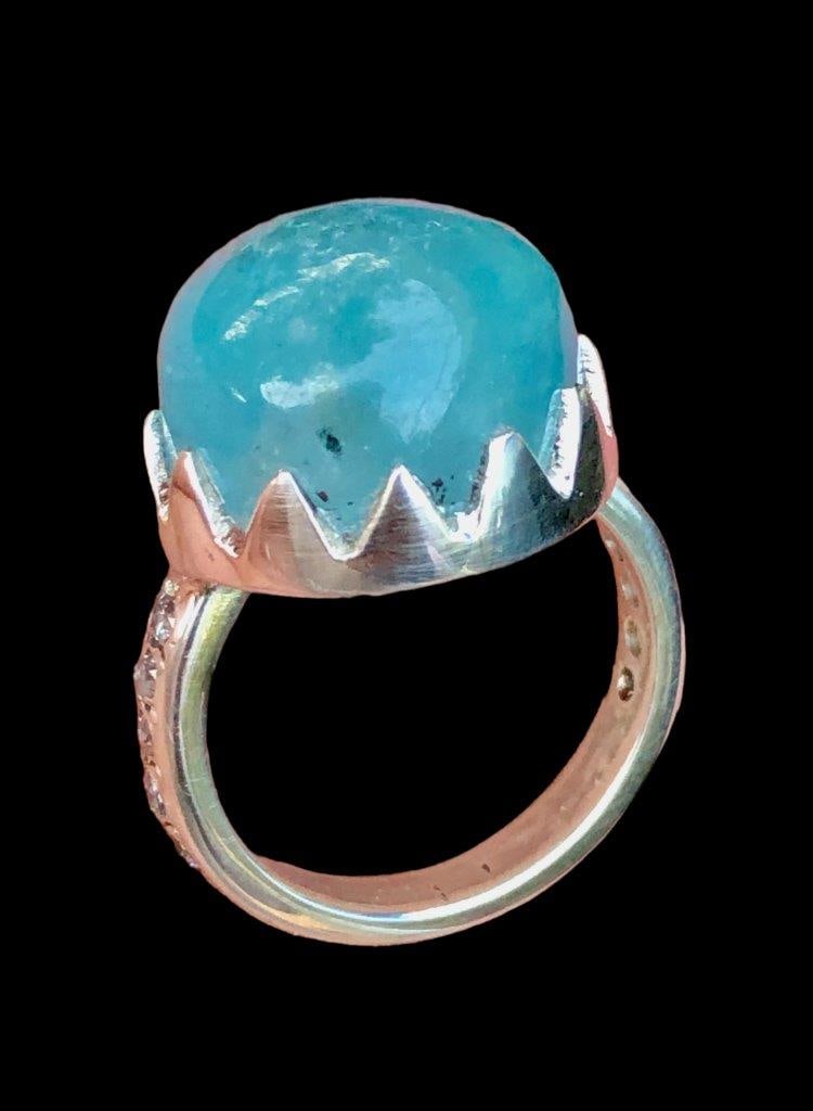 Deep Blue Aquamarine Cab Ring in Silver: Deep Blue Aquamarine Cab Ring in Silver Stone Weight: 18.55 CaratsJewelry Weight: 8.90 GramsRing Size: 7 US(Adjustable) Choose design of your own and we will make it for youWe accept custom order in S