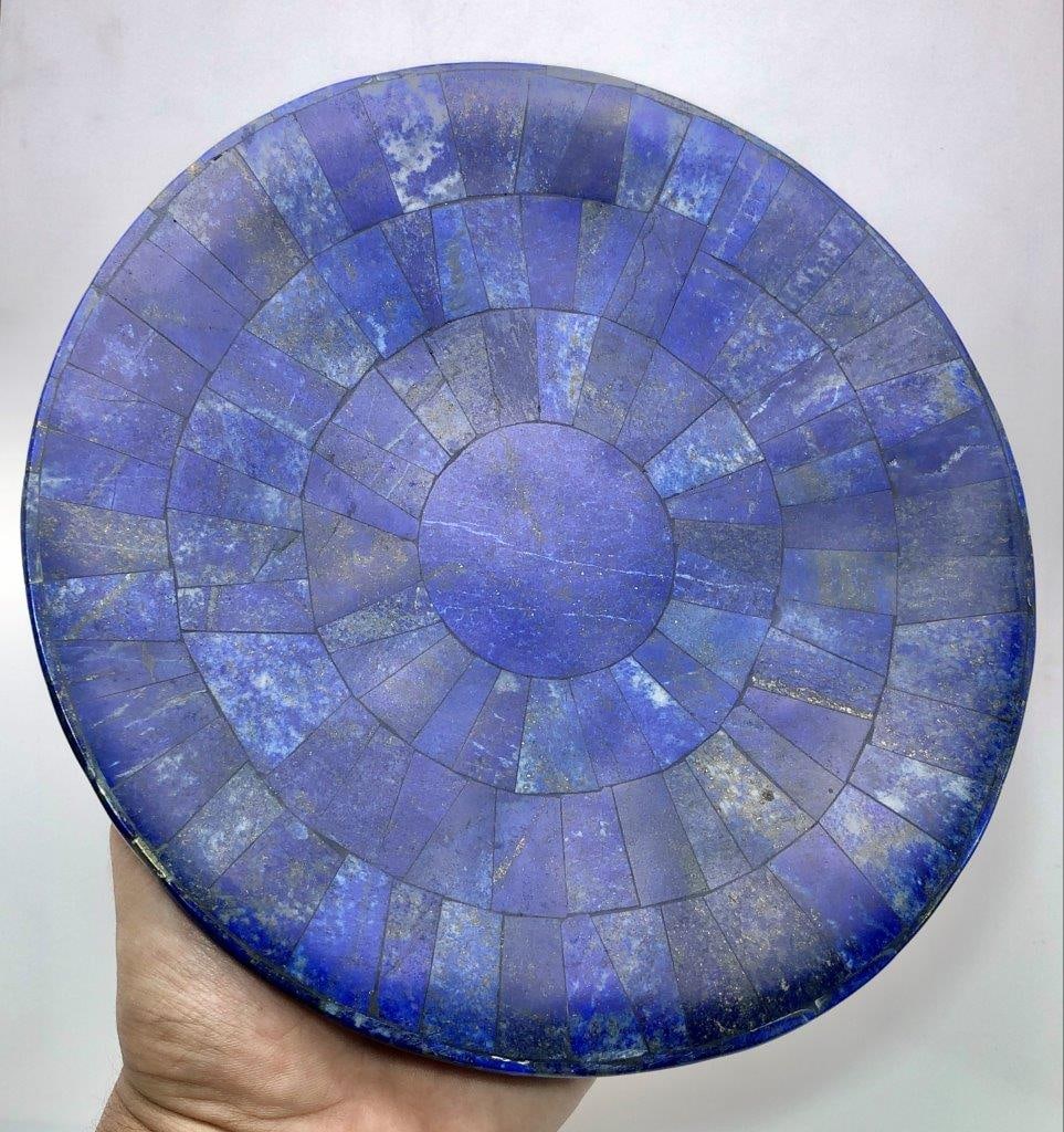 771 Grams Handmade Lapis Lazuli Platter ? 8.1 Inch Natural Gemstone Decorative Serving Platter: Showcase the timeless beauty of natural gemstones with this stunning Handmade Lapis Lazuli Platter. Weighing 771 grams and measuring 8.1 inches in diameter, this decorative piece highlights the rich r