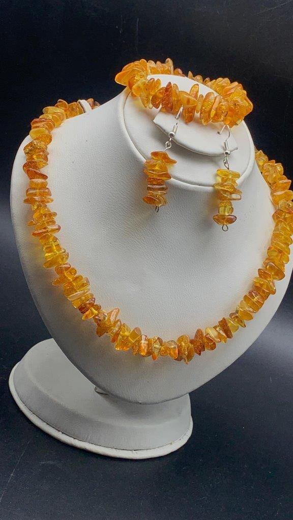 Natural Gemstone Beads Bracelet Necklace & Earrings Set Natural Raw Ambar JEWELRY: Natural Gemstone Beads Bracelet Necklace & Earrings Set Natural Raw Ambar JEWELRY Shipping: