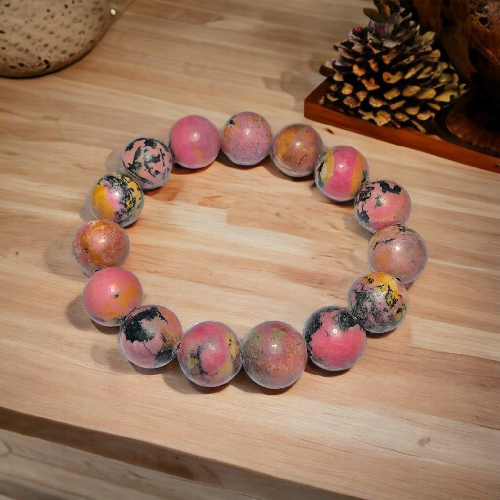 Rhodonite Perfect - Handcrafted beaded bracelet made with 15 mm crystal beads on stretch fit elastic (1 of 3)