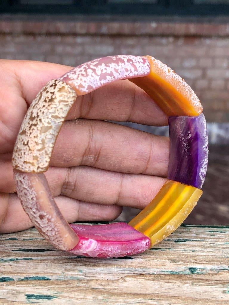 Natural Colorful Lace Agate Bracelet ? Large Faceted Gemstone Beads, Double Drill Statement Jewelry (1 of 5)