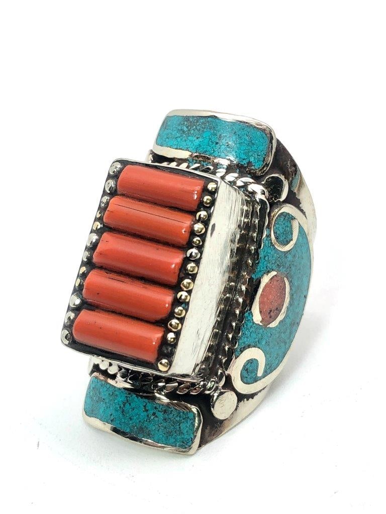 Handmade Brass Chinese Coral & Turquoise Ring ? Boho Statement Ring ? Ethnic Bohemian Adjustable: Make a bold and artistic statement with this handmade brass ring featuring Chinese coral and turquoise stones. Inspired by traditional Chinese and ethnic designs, this boho-style ring showcases intric