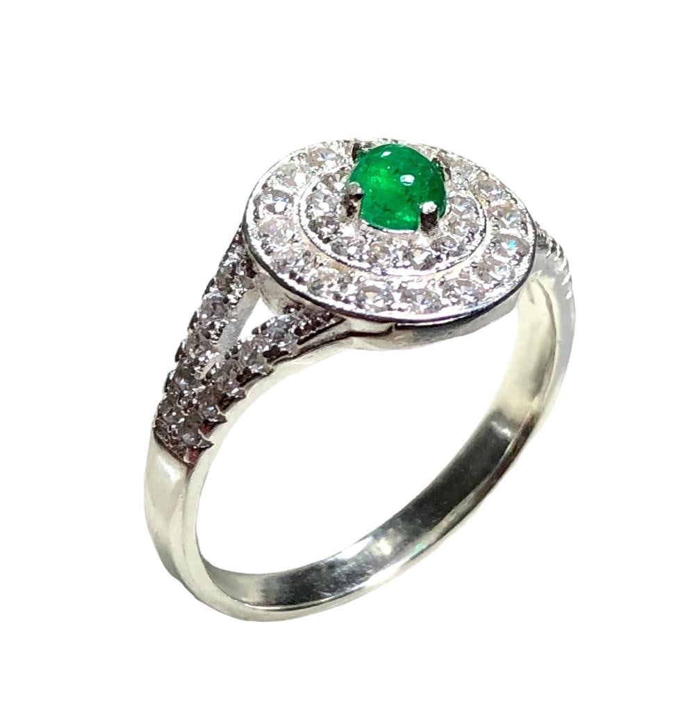 925 Sterling Silver Natural Emerald Cab Ring With Zircons (1 of 6)