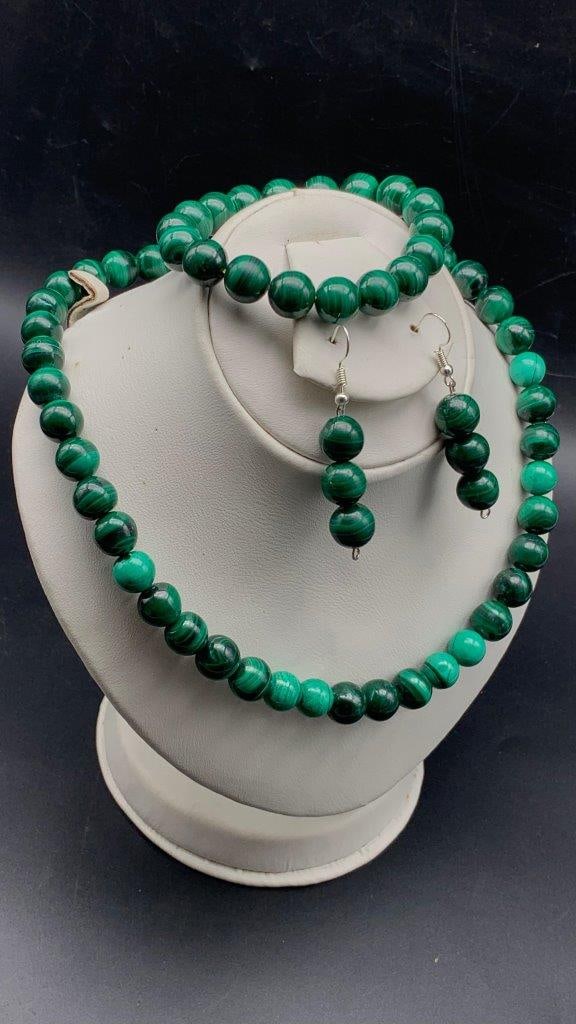 Natural Gemstone Beads Bracelet Necklace & Earrings Set MALACHITE JEWELRY: Natural Gemstone Beads Bracelet Necklace & Earrings Set MALACHITE JEWELRYY Shipping: