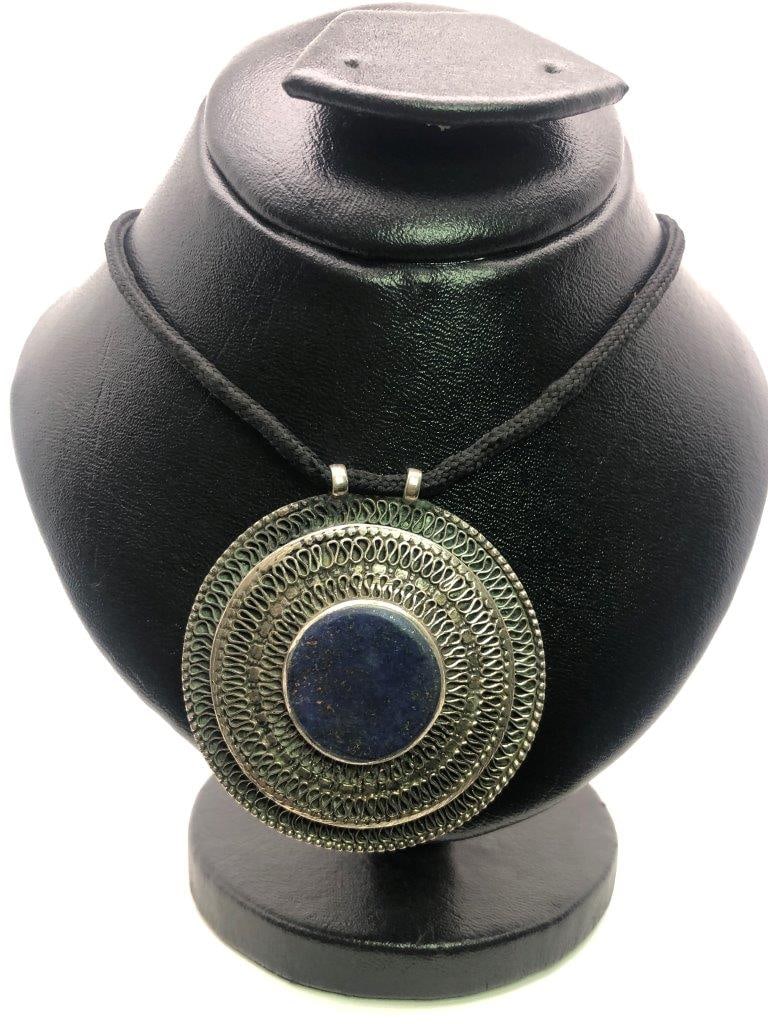 Round Lapis Lazuli Necklace ? Natural Blue Round Gemstone ? Vintage Estate Jewelry: an elegant hand carved lapis lazuli necklace showcasing the rich royal blue coloration for which this gemstone is prized. The stone displays natural variations and may show subtle pyrite inclusions, a