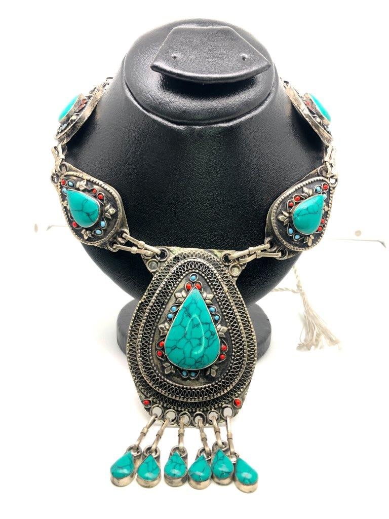 Turquoise Necklace with Brass Accents ? Boho Gemstone Jewelry: Add a pop of natural color to your look with this turquoise necklace featuring warm brass accents. The vibrant turquoise stones are known for their protective and calming properties, while the brass e