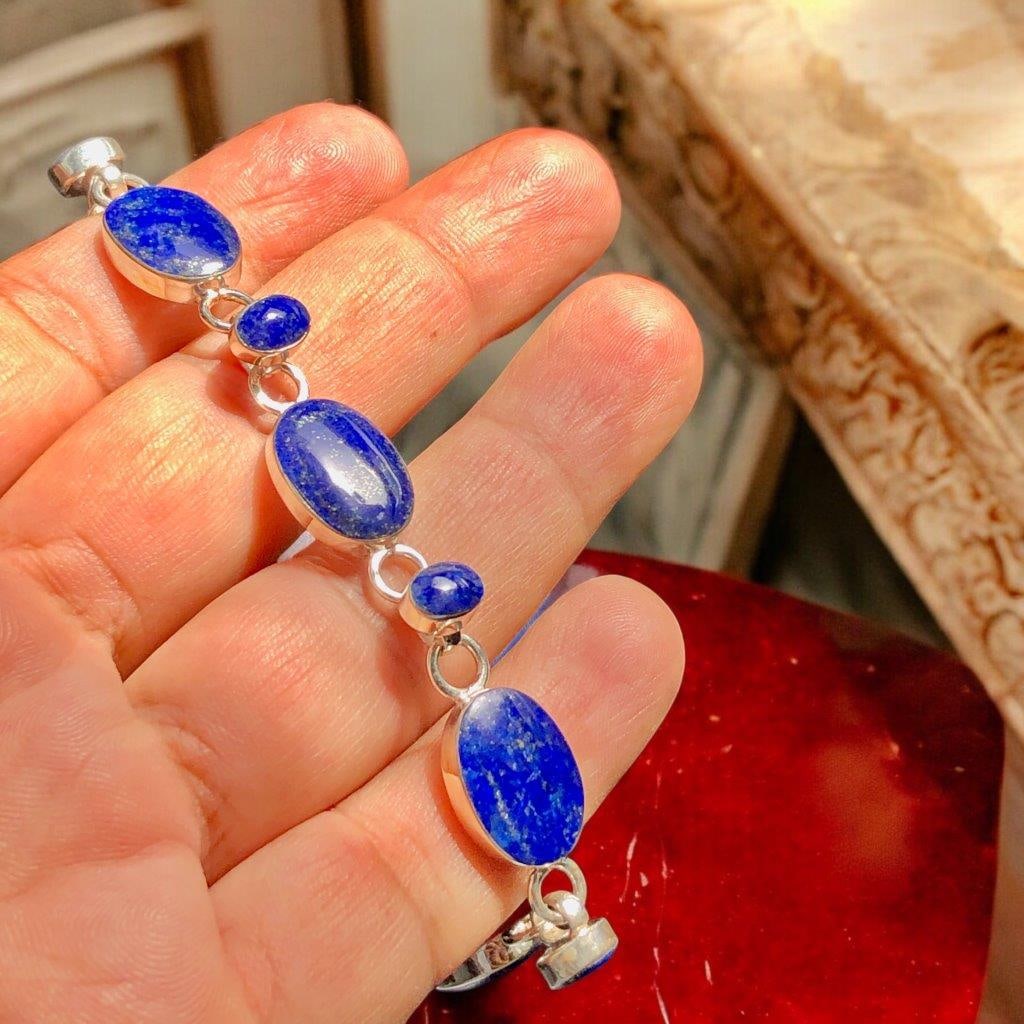 Pure Sterling Silver Natural Lapis Lazuli Charm Bracelet: Pure Sterling Silver Natural Lapis Lazuli Charm Bracelet