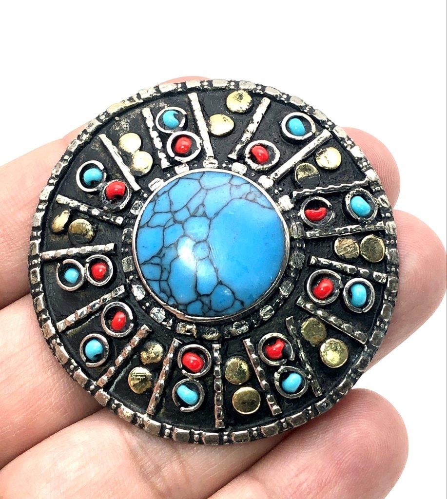 Round Chinese Turquoise Brass Ring Natural Gemstone Jewelry: Round Chinese Turquoise Brass Ring ? Natural Gemstone Jewelry Shipping: $23.00. Shipping rates are determined by Parcel weight and destination.