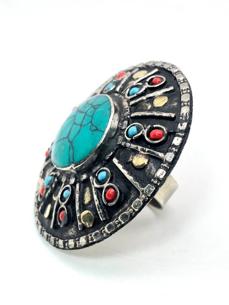 Old Fashion Round Chinese Turquoise Brass Ring Natural Gemstone: Old Fashion Round Chinese Turquoise Brass Ring Natural Gemstone Shipping: $36.00. Shipping rates are determined by Parcel weight and destination.