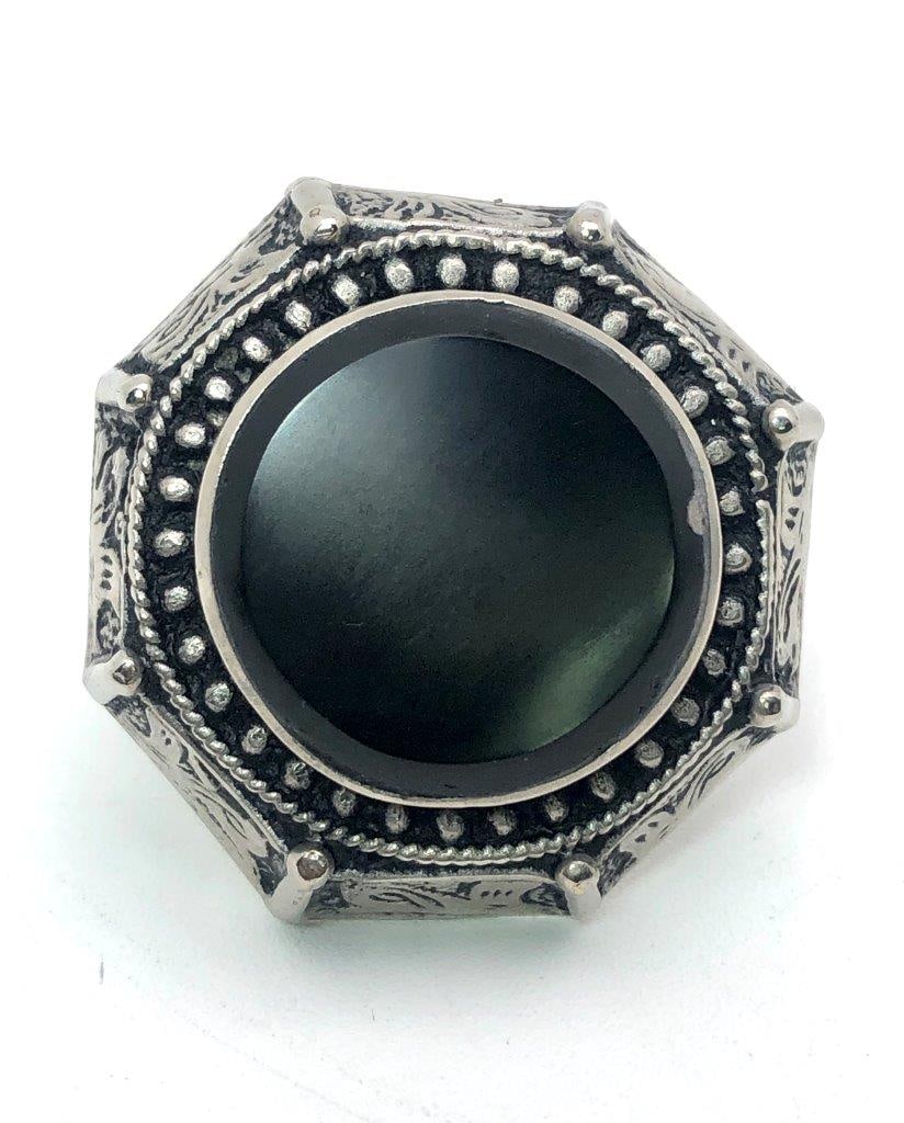 Round Chinese Black Agate Gemstone Ring Vintage Brass Jewelry (1 of 4)