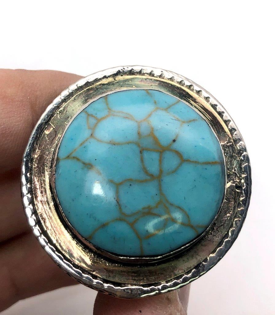 Round Chinese Turquoise Brass Ring Natural Gemstone Jewelry: Round Chinese Turquoise Brass Ring Natural Gemstone Shipping: $23.00. Shipping rates are determined by Parcel weight and destination.