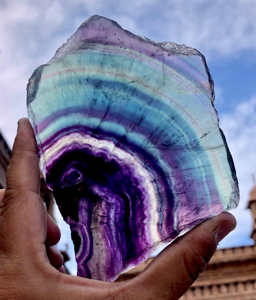 284G Natural Rainbow Fluorite Slice Polished Purple Green Banded Crystal Display Stone - 13.5X9.5X1: 284G Natural Rainbow Fluorite Slice Polished Purple Green Banded Crystal Display Stone - 13.5X9.5X1 cm Shipping Rate: FREE SHIPPINGshipping rates are determined by Parcel weight and destination.Combin