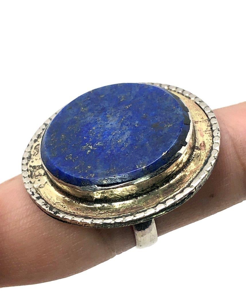 Handmade Brass Lapis Lazuli Ring ? Round Blue Stone Boho Statement Ring ? Ethnic Vintage Adjustable: Make a bold and elegant statement with this handmade brass Lapis Lazuli ring, featuring a stunning round deep-blue stone with natural golden flecks. Inspired by ethnic and bohemian styles, this ring b
