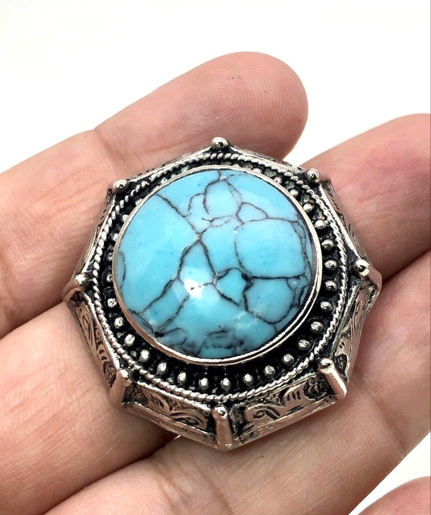 Handmade Brass Chinese turquoise Ring ? Round Stone Boho Statement Ring: Handmade Brass Chinese turquoise Ring ? Round Stone Boho Statement RingShipping Rate: $23.00 .shipping rates are determined by Parcel weight and destination.Combined shipping: We offer combine