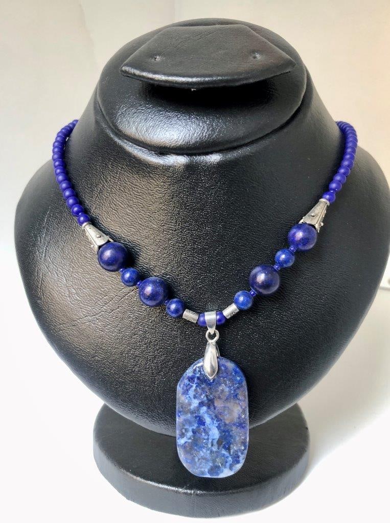 Lapis Lazuli Beaded Necklace ? Natural Blue Gemstone ? Vintage Estate Jewelry: an elegant hand carved lapis lazuli necklace showcasing the rich royal blue coloration for which this gemstone is prized. The stone displays natural variations and may show subtle pyrite inclusions, a