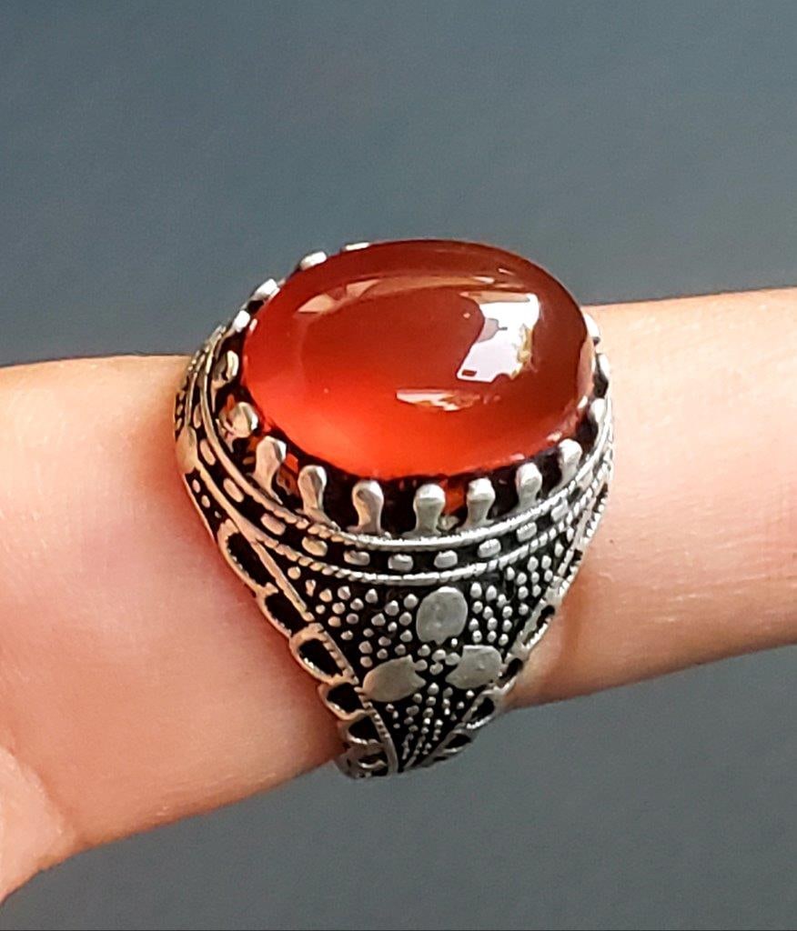 Sterling Silver Natural Red Agate Healing Ring - 6