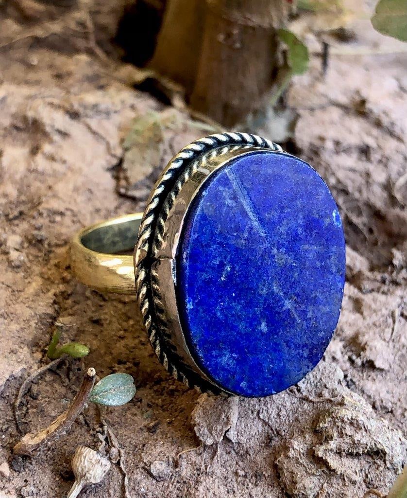 Lapis Lazuli Ring, Brass Statement Ring