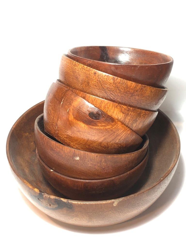 Hand Carved Wooden Bowl Set - 7-Piece Serving Bowls for Soup or Cereal - 1 Large (6" x 2.5") & 6 (1 of 6)