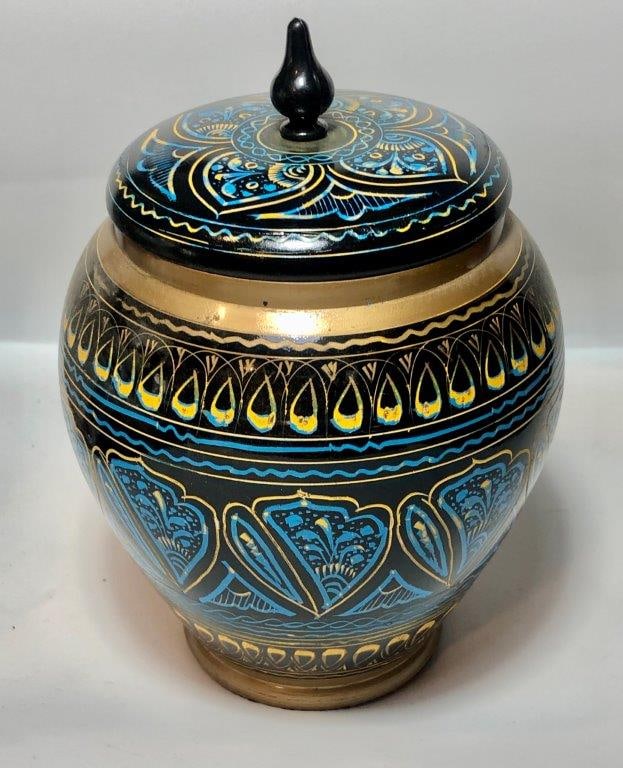Hand-Painted Wooden Urn Jar (6 x 6 x 4 inches, 460g) - Blue & Gold Floral Home Decor: Hand-Painted Wooden Urn Jar (6 x 6 x 4 inches, 460g) - Blue & Gold Floral Home DecorFREE SHIPPING: