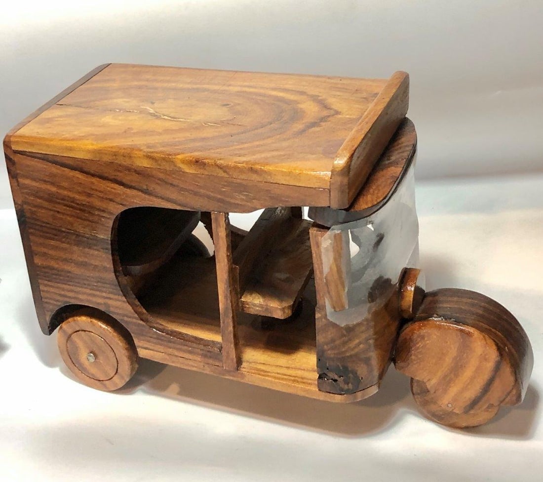 Hand Carved Wooden Auto-Rickshaw Miniature (8 x 5 x 3.5 inches, 380g) - South Asian Art (1 of 7)