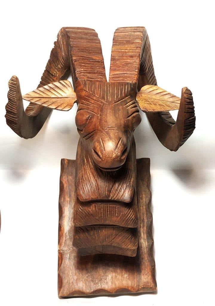 Hand Carved Wooden Ram Head Sculpture - Bighorn Sheep Wildlife Art - Rustic Cabin Decor - 13" x 7" x (1 of 7)