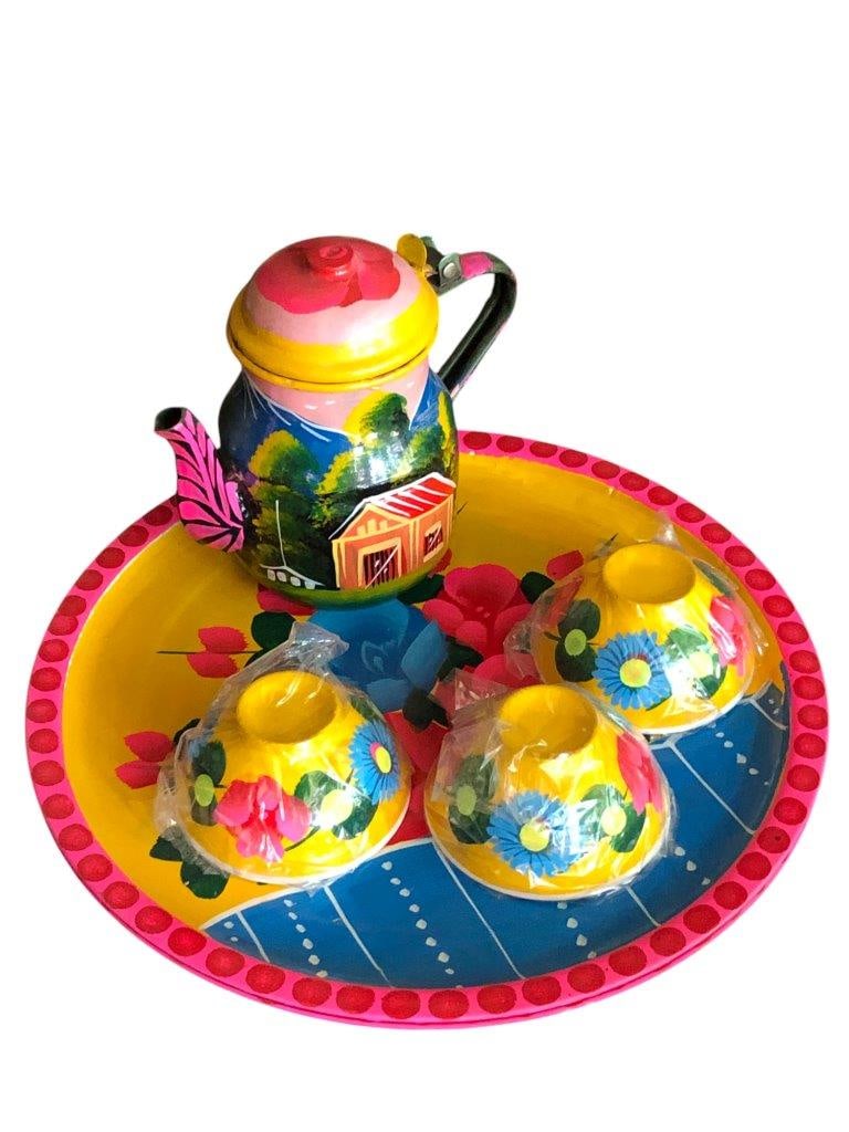 Hand Painted Truck Art Tea Set (12" Tray, 3 Cups) - Pakistani Folk Art & Kitchen Decor: Miniature Handwoven Charpoy (6 x 3.5 x 2.5 inches, 68g) - Brown & White Punjabi Handicraft Decor FREE SHIPPI