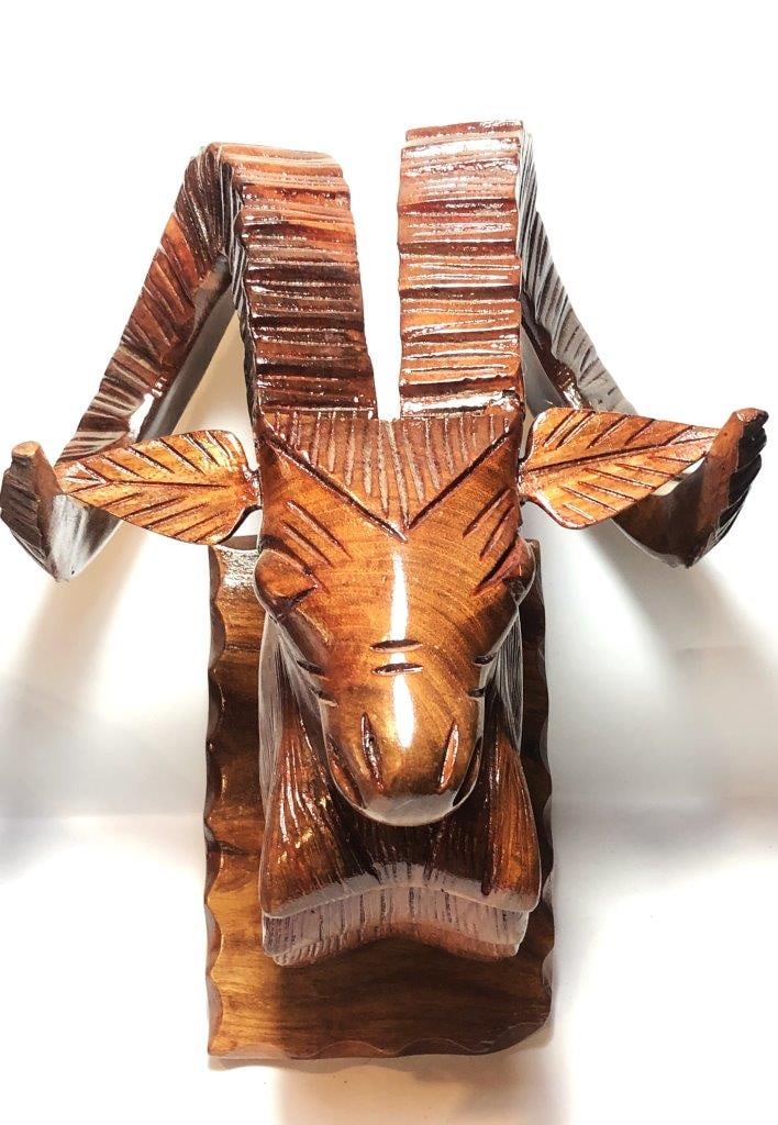 Hand Carved Polished Wooden Ram Head Sculpture - Bighorn Sheep Wildlife Art - Rustic Cabin Decor - (1 of 4)