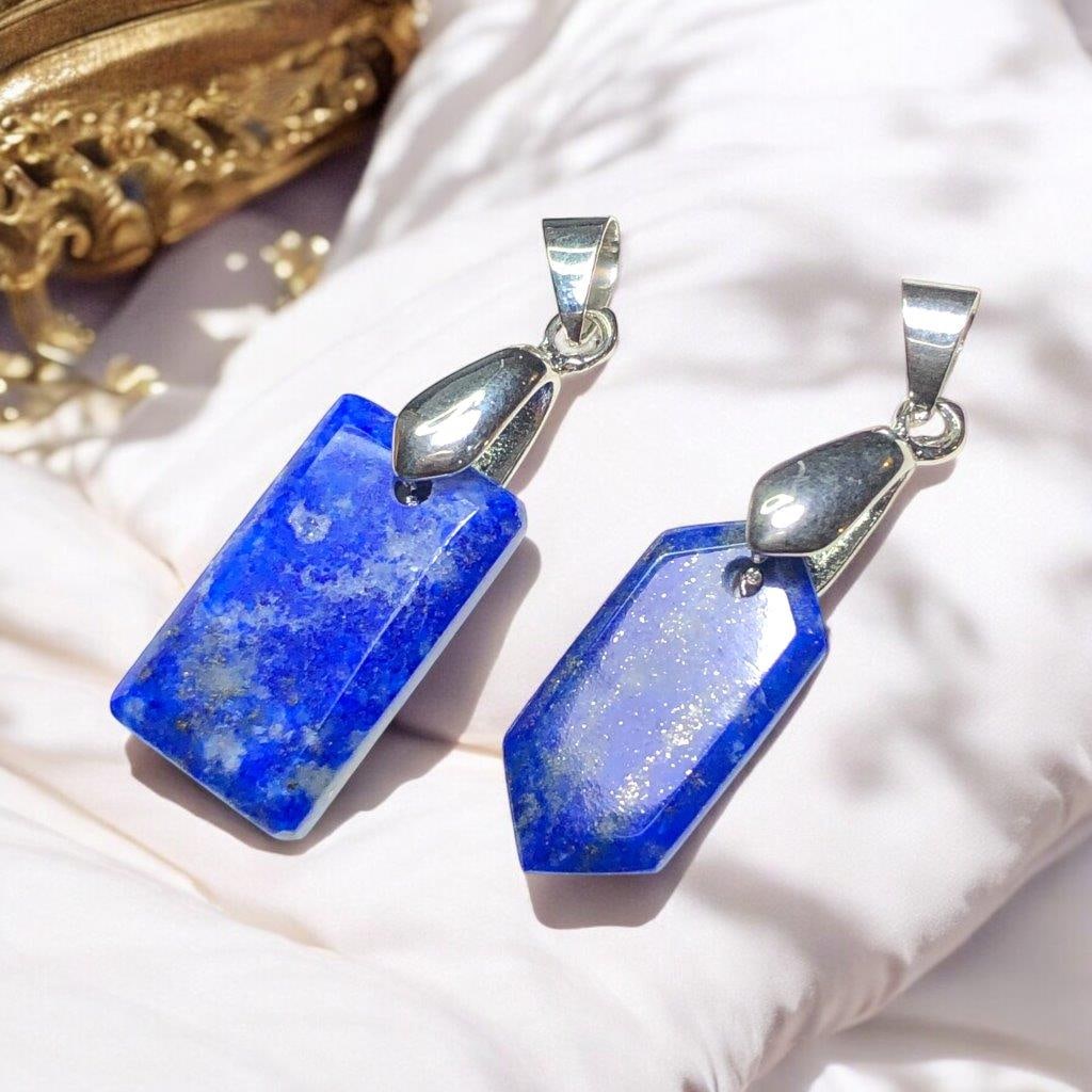 Paired Lapis Pendants in Silver: Hand Carved Paired Lapis Pendants in Silver Necklace - Healing Jewelry Shipping:
