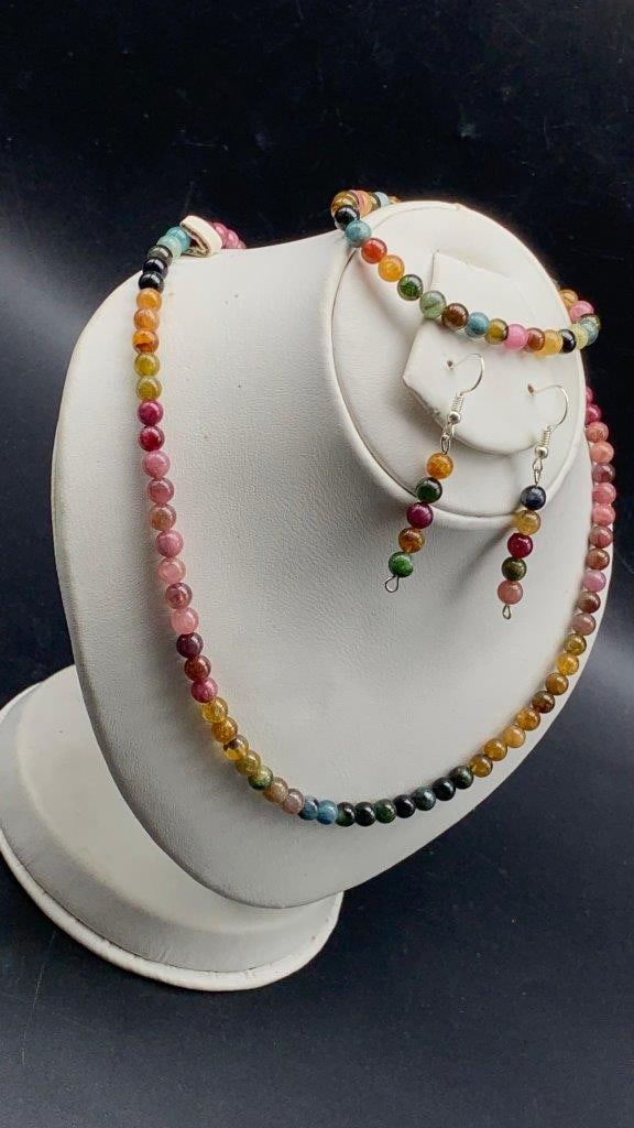 Natural Gemstone Beads Bracelet Necklace & Earrings Set Tourmaline JEWELRY: Natural Gemstone Beads Bracelet Necklace & Earrings Set Tourmaline JEWELRY Shipping: