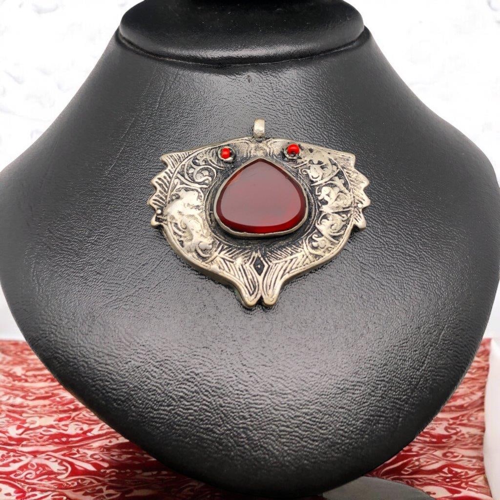 Agate Brass Pendant Necklace Egyptian Style ? Handmade Vintage Gemstone Jewelry (1 of 2)