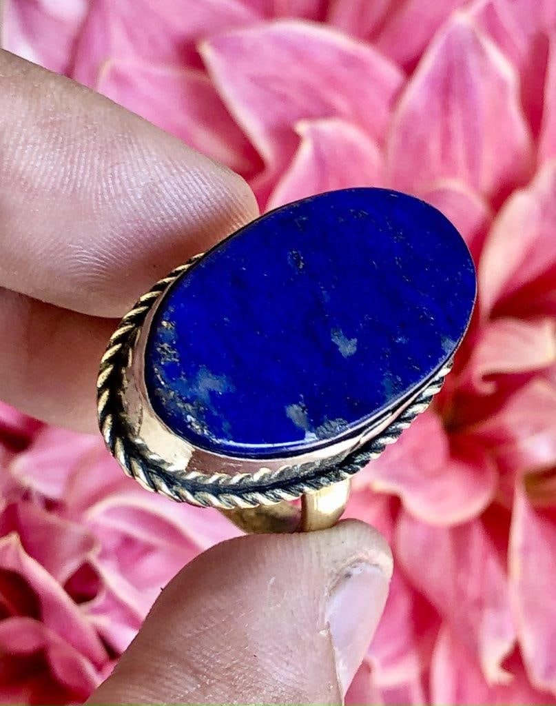 Natural Lapis Lazuli Ring in Brass | Handmade Blue Stone Jewelry: Elevate your style with this Natural Lapis Lazuli Ring in Brass, beautifully handcrafted to showcase the deep blue tones of genuine lapis lazuli. Set in a warm brass finish, the natural stone creates 