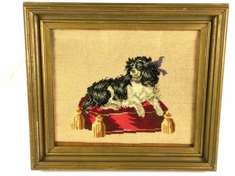 Embroidery Needlework of English Springer Spaniel Dog: Embroidery Needlework of English Springer Spaniel Dog on cushion, damage to needlework, damage to frame under glass, 11 " w x 10 1/4" l with 1 3/4" frame, label on back "Ellis Picture Gallery, New Bed