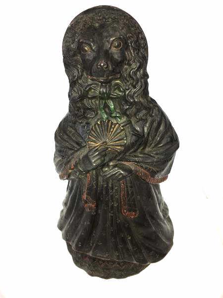 Folk Art 2 Piece Dog Humidor: Folk Art Dog Humidor, 2 piece, pottery, dog in Victorian cape and long dress and bonnet, holding fan, painted black with red and green paint faded (pictures shows color better than actual color), inci