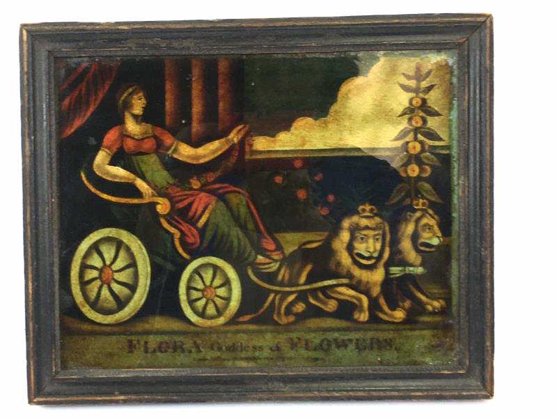 Painting on Glass of Flora: Painting on Glass, "Flora Goddess of Flowers," in chariot being pulled by 2 lions, paint loss, framed, under glass, one hanging ring missing on back, 8" x 10" with 1 1/2" frame