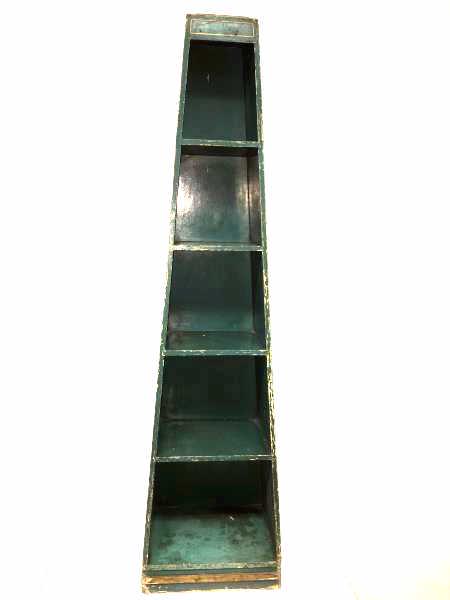 Tiered Display Stand: Tiered Floral Painted Stand, wooden, narrow, 5 graduated shelves, painted floral sides, paint loss on back and top, craquelure throughout, 53" h