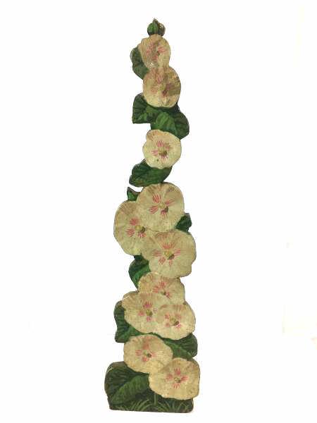 Wooden Door Stop: Wooden Doorstop, painted tiered morning glories, paint loss and faded, 24" h