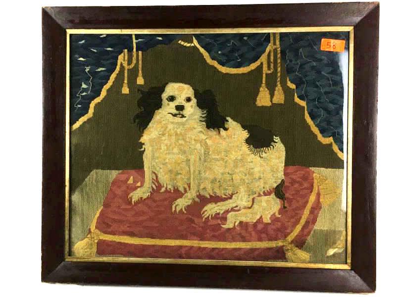 Needlework Springer Spaniel Dog: Embroidery Needlework of Springer Spaniel Dog, reclining on cushion, framed under glass, damage to frame, 25" x 20 1/2" with 2 1/2" frame and liner