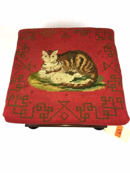 Cat Needlework Footstool: Embroidery Needlework of Cat Footstool, reclining on rug, soiled top, 4 bun feet, 2 feet are partially cut off, 14" x 15" x 9" h
