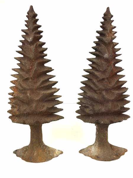 Pair of Spruce Tree Andirons: Pair of Fireplace Andirons, cast iron, Spruce tree form, rusty, 14" l x 17 1/4" h