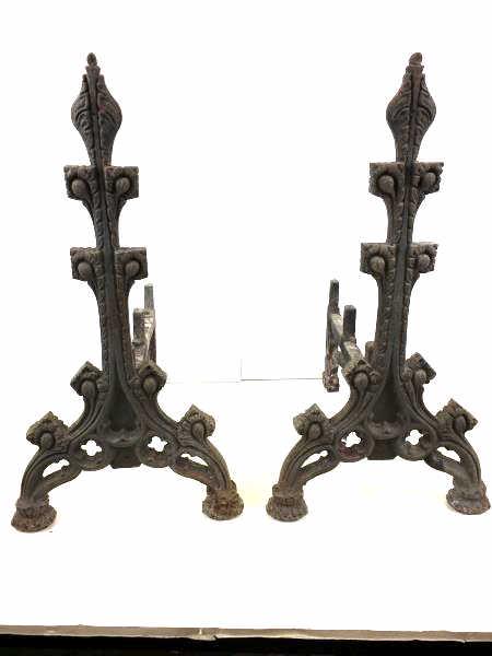 Decorative Cast Iron Andirons: Pair of Fireplace Andirons, decorative design, cast iron, brace back bars have 3 dividers for log placement, rusty, 20 3/4" h x 11" w base x 14 1/2" l brace backs