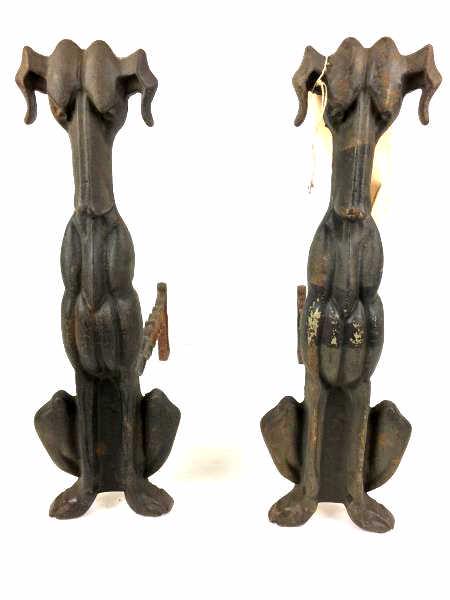 Pair of Hound Dog Andirons: Pair of Fireplace Andirons, Hound Dog, with brace backs, some rust, scratched faces, needs to be assembled, brace backs do not match andirons, 17" h