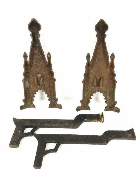 Gothic Revival Andirons: Pair of Fireplace Andirons, cast iron, Gothic Revival style, with back brace bars that do not match the andirons, rusty, 14" h x 7" w with 14" brace Back