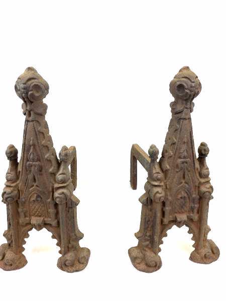 Large Gothic Revival style Andirons: Pair of Fireplace Andirons, cast iron, larger Gothic Revival style, with brace bars, rusty, 15 1/2" h x 8" w