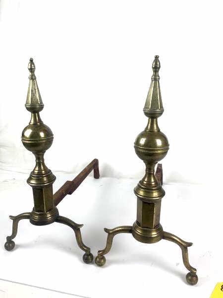 Pair of Brass Ball Top Andirons: Pair of Fireplace Andirons, brass, ball finial top, ball feet, spur leg, some pitting, 17 1/2" h x 8" leg width x 15" brace back