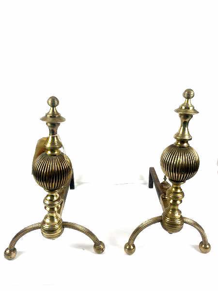 2 Andirons with ribbed balls: 2 Fireplace Andirons, not a pair, one higher than the other, brass, ribbed ball, with ball feet, some pitting, 18 1/4" h and 19" h with 10" leg x 14" brace back