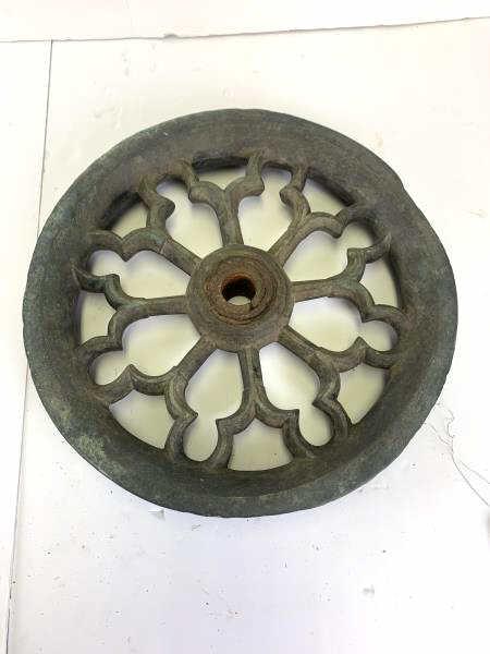 Pulley Wheel: Wheel, Pulley, cast iron, curved spokes, double rim, uneven edge, 14 1/4" diameter, weighs 25 lbs