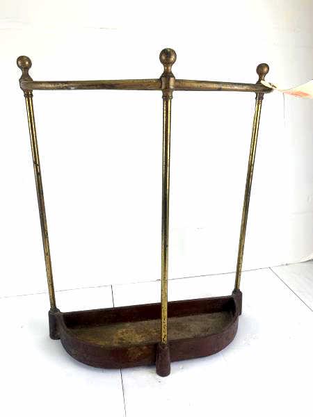 Umbrella Holder: Umbrella Holder, metal, half round, 3 ball finial, painted red, cast iron tray base, 18 1/2" l x 6" w x 23 1/2" h