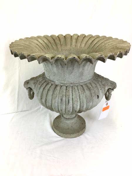 Cast Iron Urn Planter: Small Urn Planter, cast iron, painted a cream color, with lion pull handles, pitted, 21" dia x 9" opening x 21" h