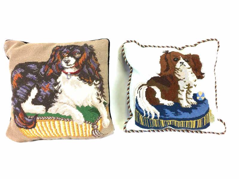 2 Needlework Dog Pillows: 2 Dog Pillows, Needlework, one Cocker Spaniel Dog reclining on cushion, 13" x 13" one Cocker Spaniel Dog standing on cushion, 14" x 14"